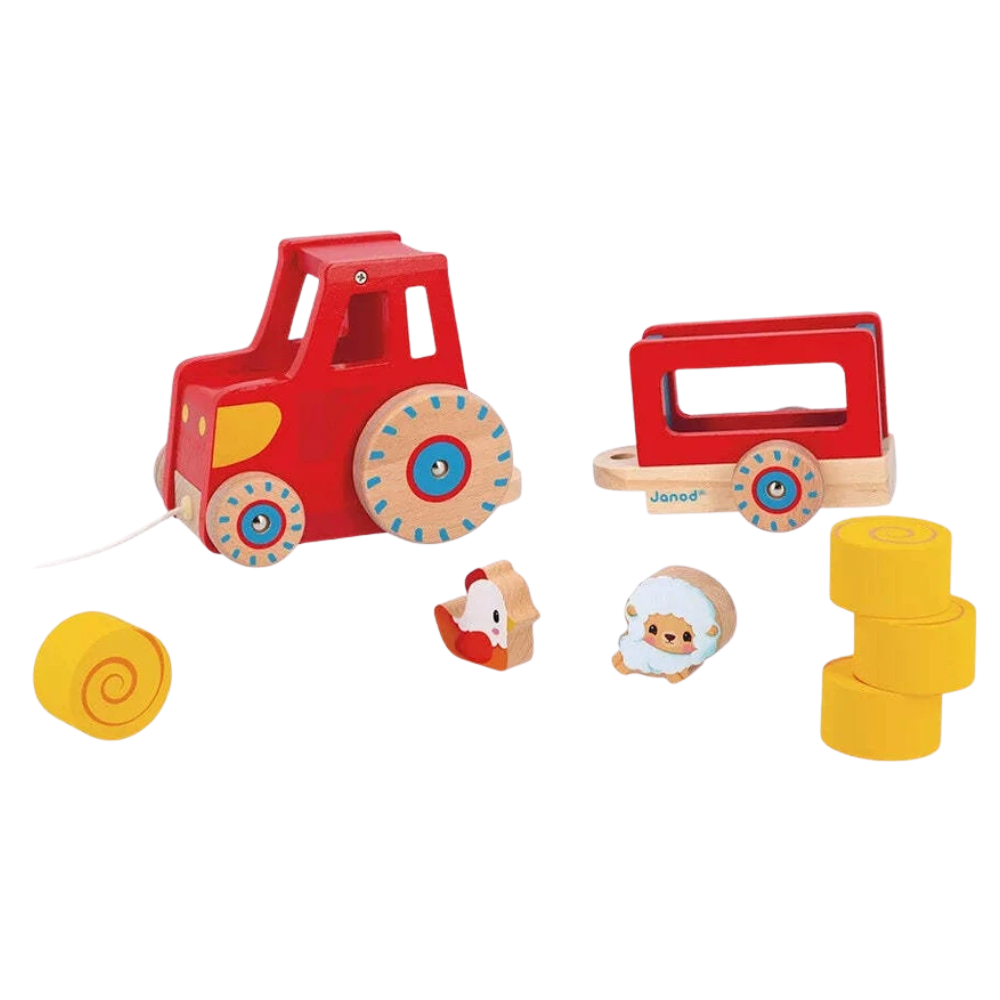 Janod Wooden Pull-Along Tractor Toy with Trailer and 6 Farm Accessories