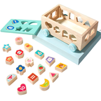 Wooden Pull-Along Matching Car Toy with 18-Hole Intelligence Box, Early Learning Game