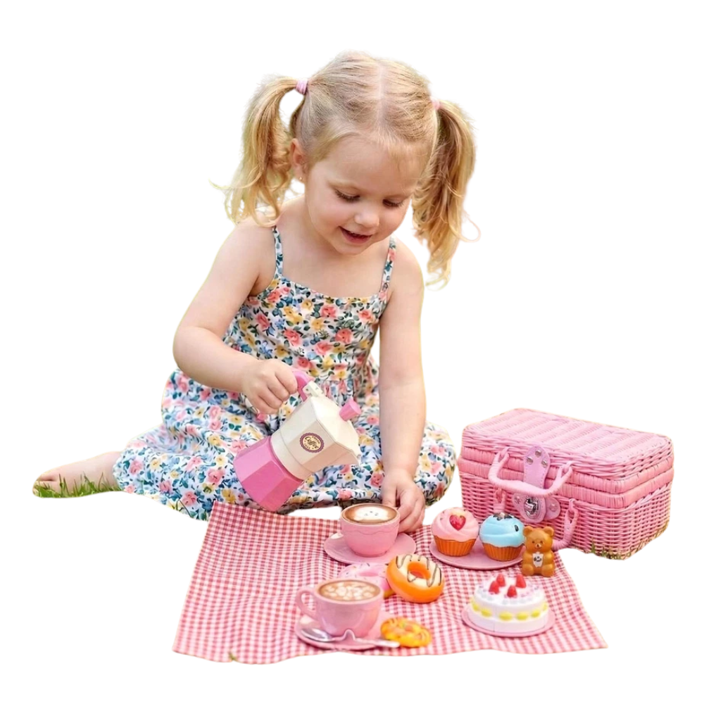 Kids Wicker Picnic Basket Hamper 30 Pcs Pretend Play Food & Tea Set for Toddlers