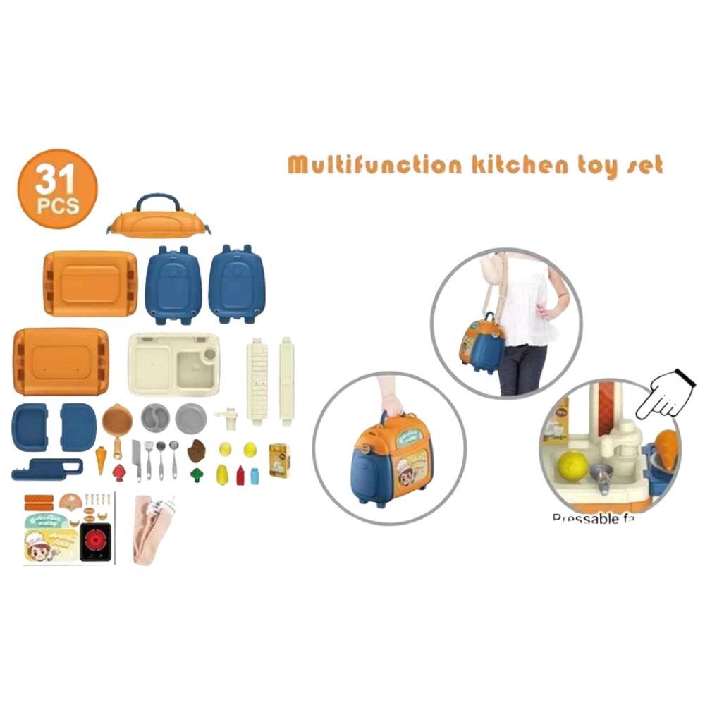 3-In-1 Portable Kids Kitchen Playset Suitcase with 31 Accessories Pretend Cooking Toy Set
