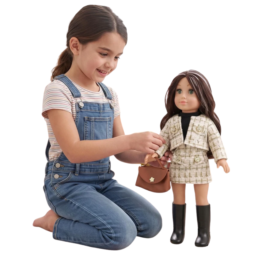 BiBi Doll 18" Kiara Fashion Baby Doll Green Eyes Movable Curly Hair & Stylish Outfit