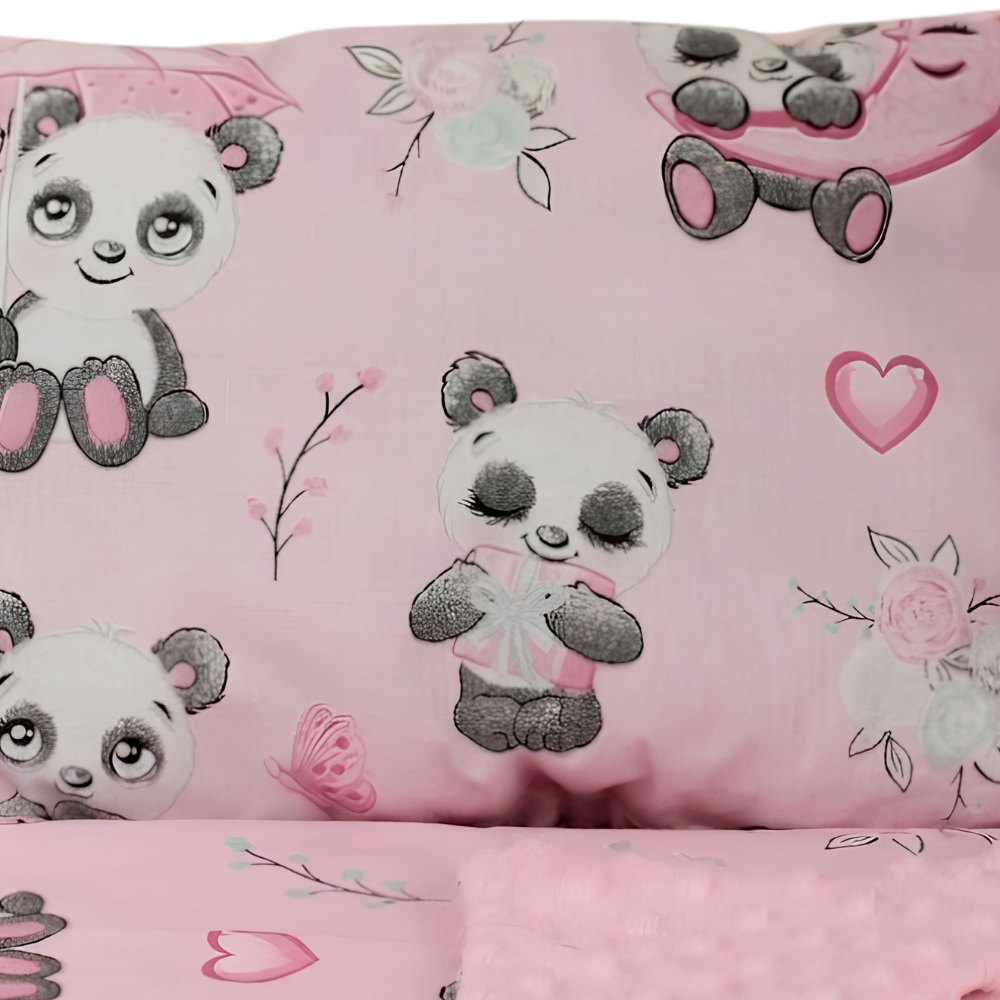 Pink Panda Baby Blanket and Pillow Set Cotton Minky Bedding for Pram and Crib