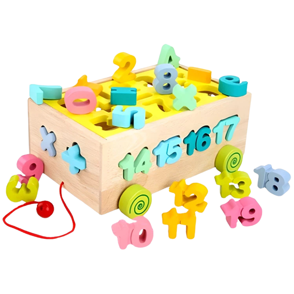 Wooden Pull Along Toy Car Box with Colourful Number and Shape Blocks for Kids Learning Fun