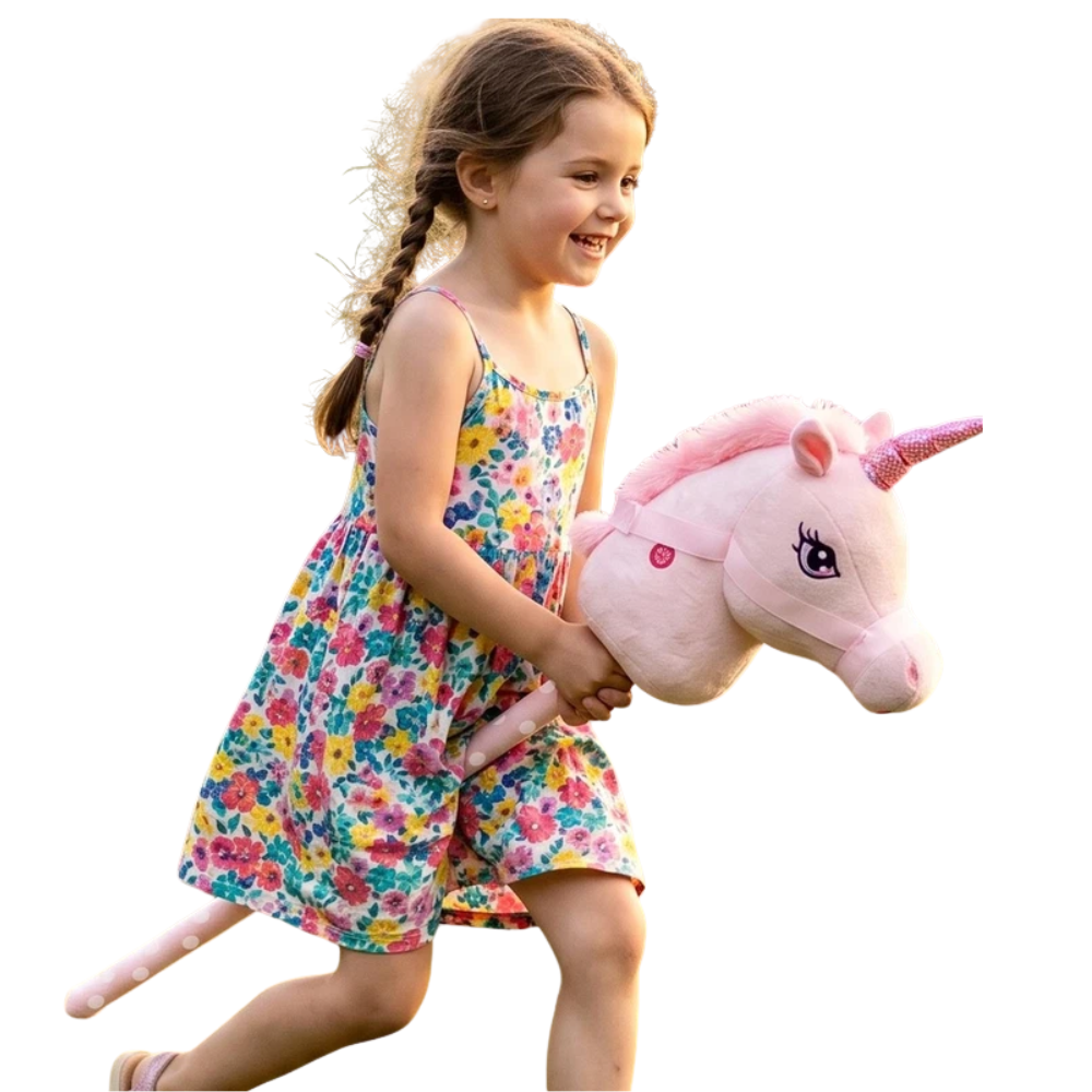 Pink Unicorn Hobby Horse Stick Toy with Galloping Sounds Ride On Pretend Play 81cm