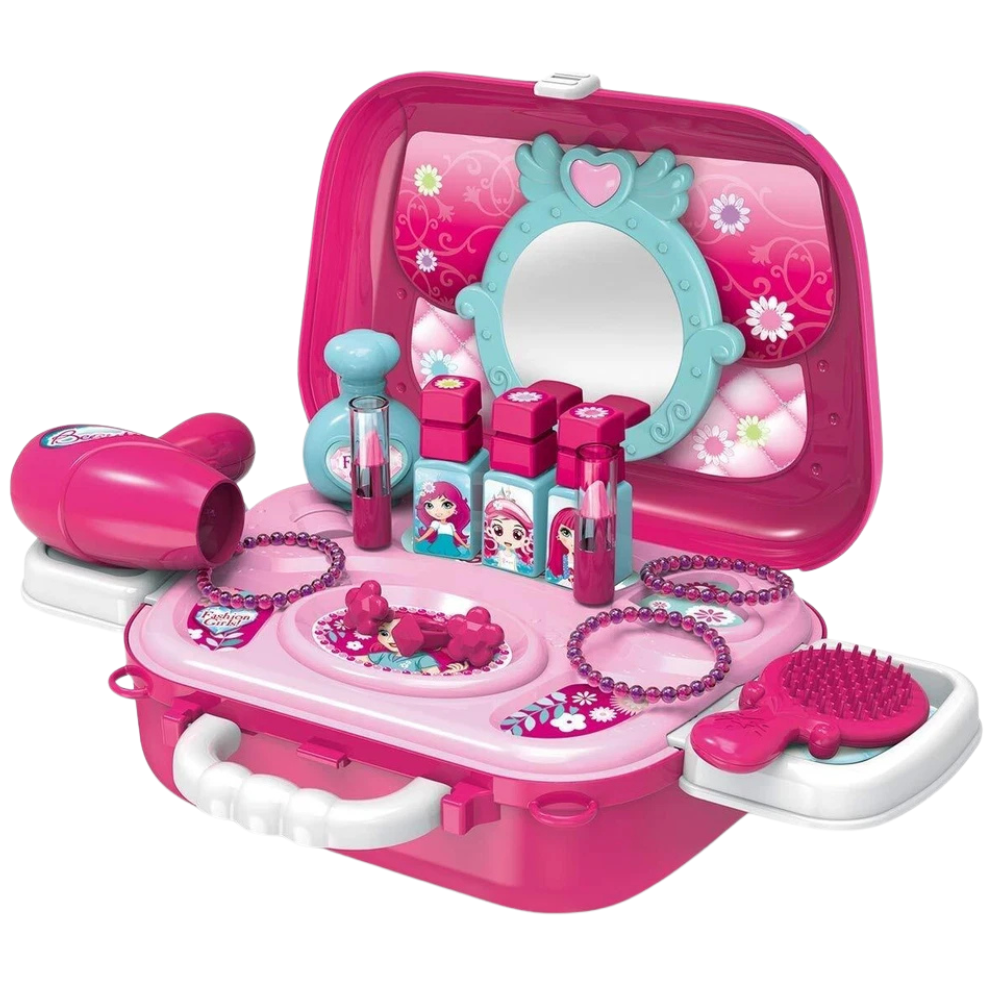 19pc Girls Role Play Jewelry Kit Princess Suitcase Pretend Makeup Hair Styling Toy Set