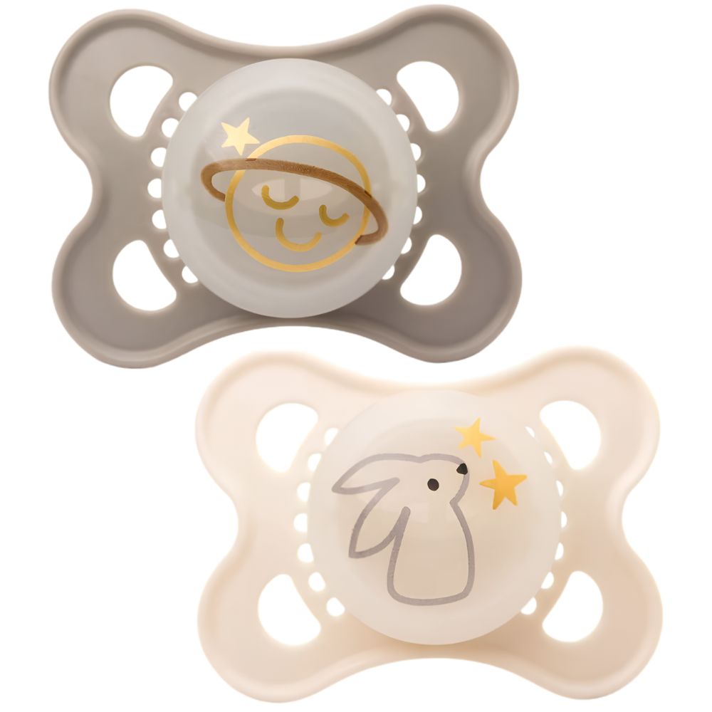 MAM Night Soothers 0-6 Months Twin Pack, Glow in the Dark Orthodontic Silicone Pacifiers