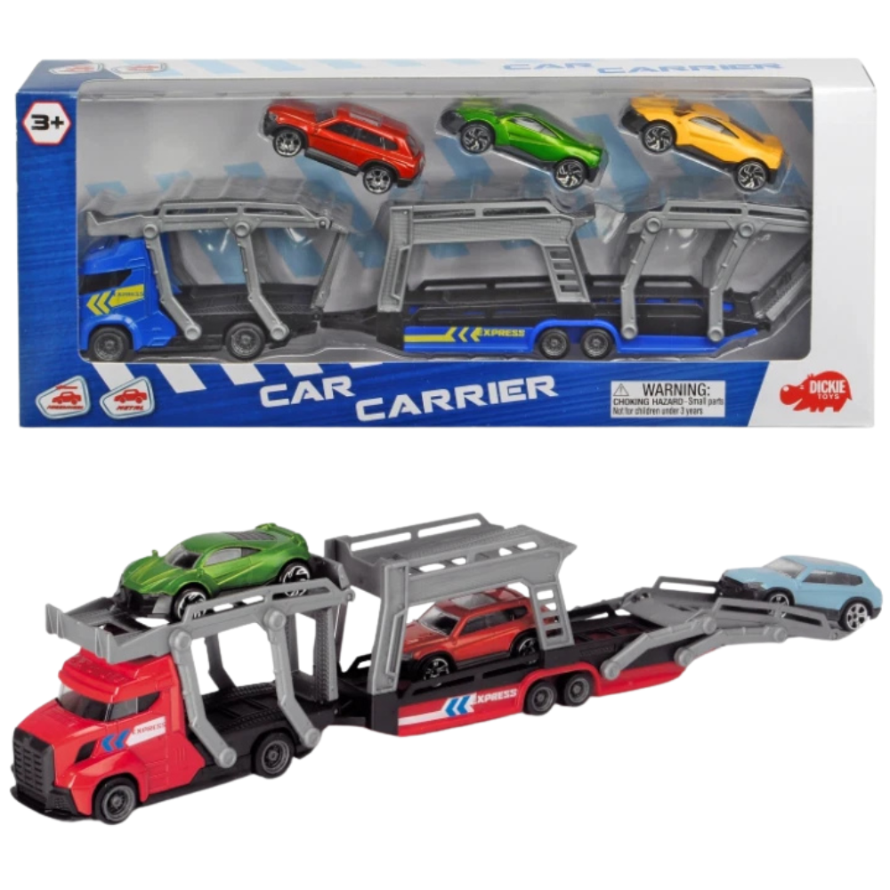 Dickie Toys Blue Car Carrier Truck with 3 Cars Diecast Model Toy 1:64 Scale Transport Set