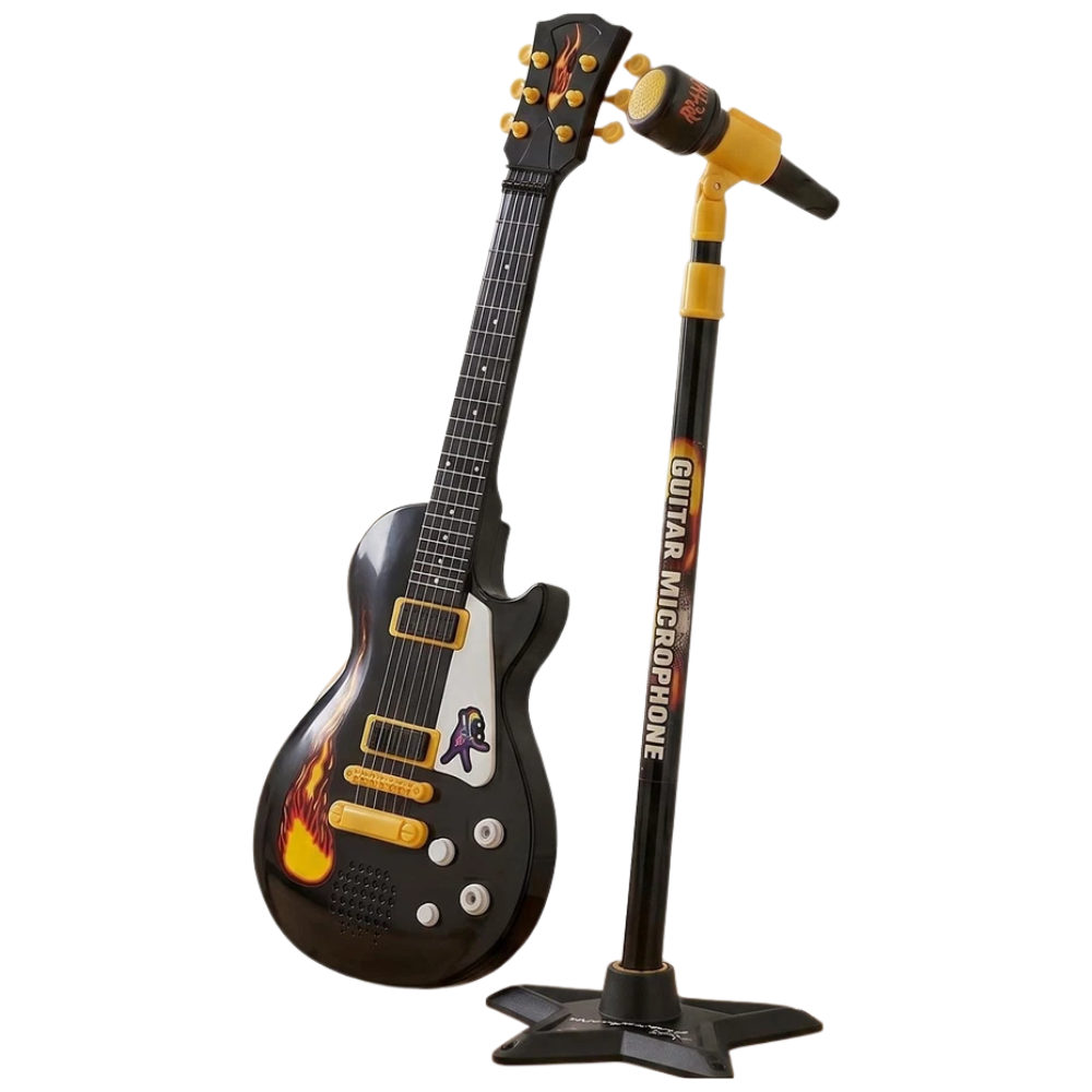 22" Kids Electric Rock Star Guitar & Microphone Set Musical Toy Adjustable Stand Black Gift