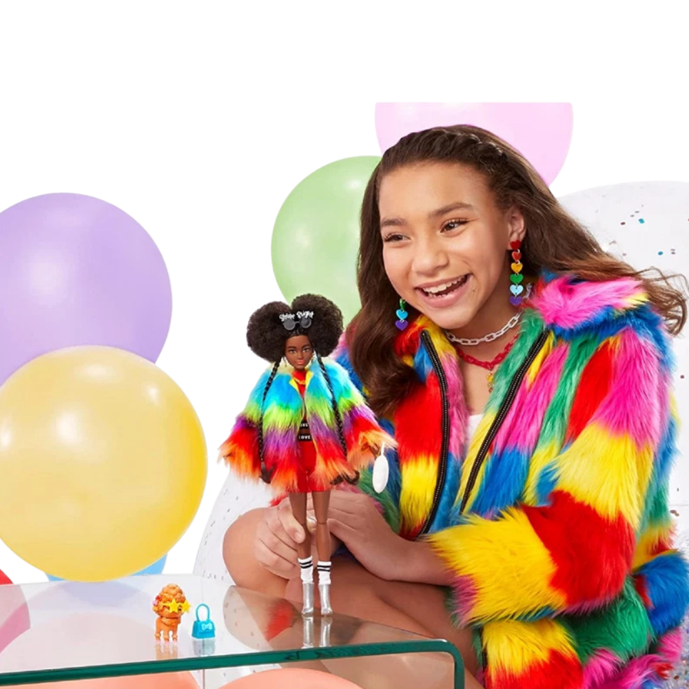 Barbie Extra Doll in Furry Rainbow Coat with Poodle, Afro-Puffs, Braids & Accessories Set