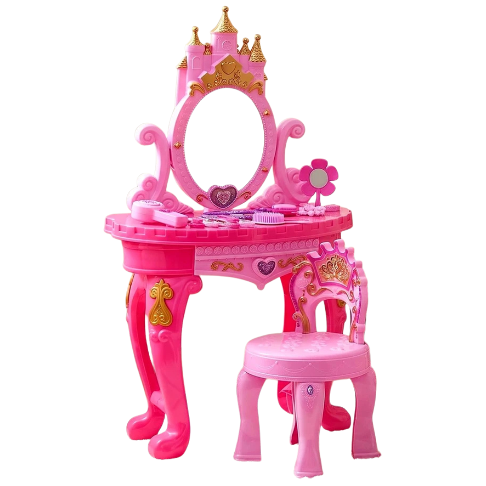 Kids Princess Vanity Dressing Table Stool Set Girls Toy Mirror Hairdressing Accessories Pink