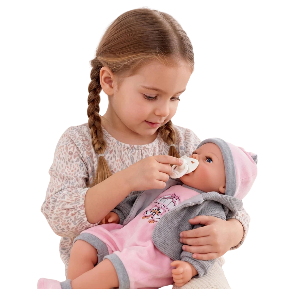 Bibi Baby Doll Girl 18 Inch Lifelike Soft Body Pink Grey Clothes 16 Sounds Toy for Playtime