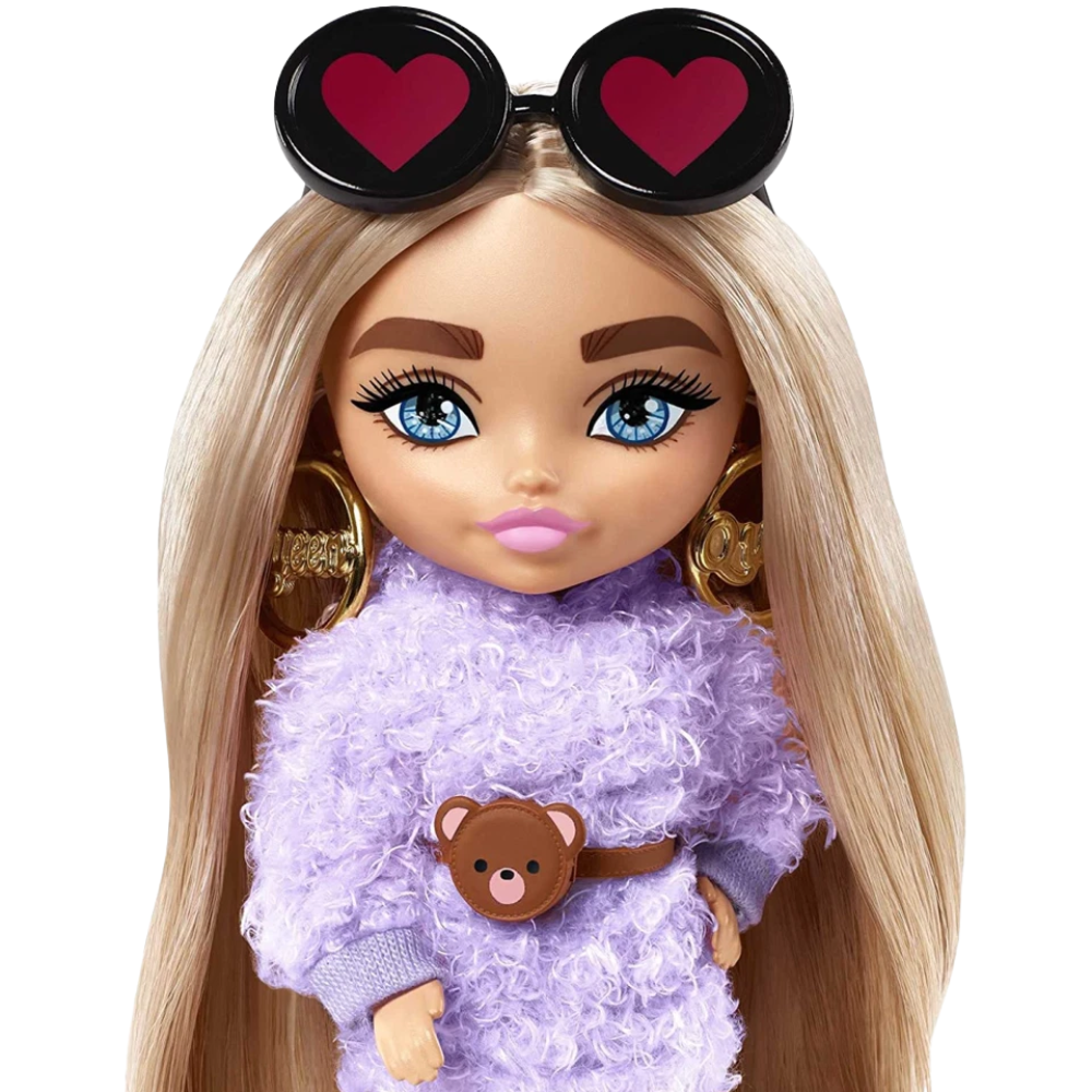 Barbie Extra Minis Doll 5.5 Inch Fluffy Purple Fashion Outfit with Doll Stand Toy