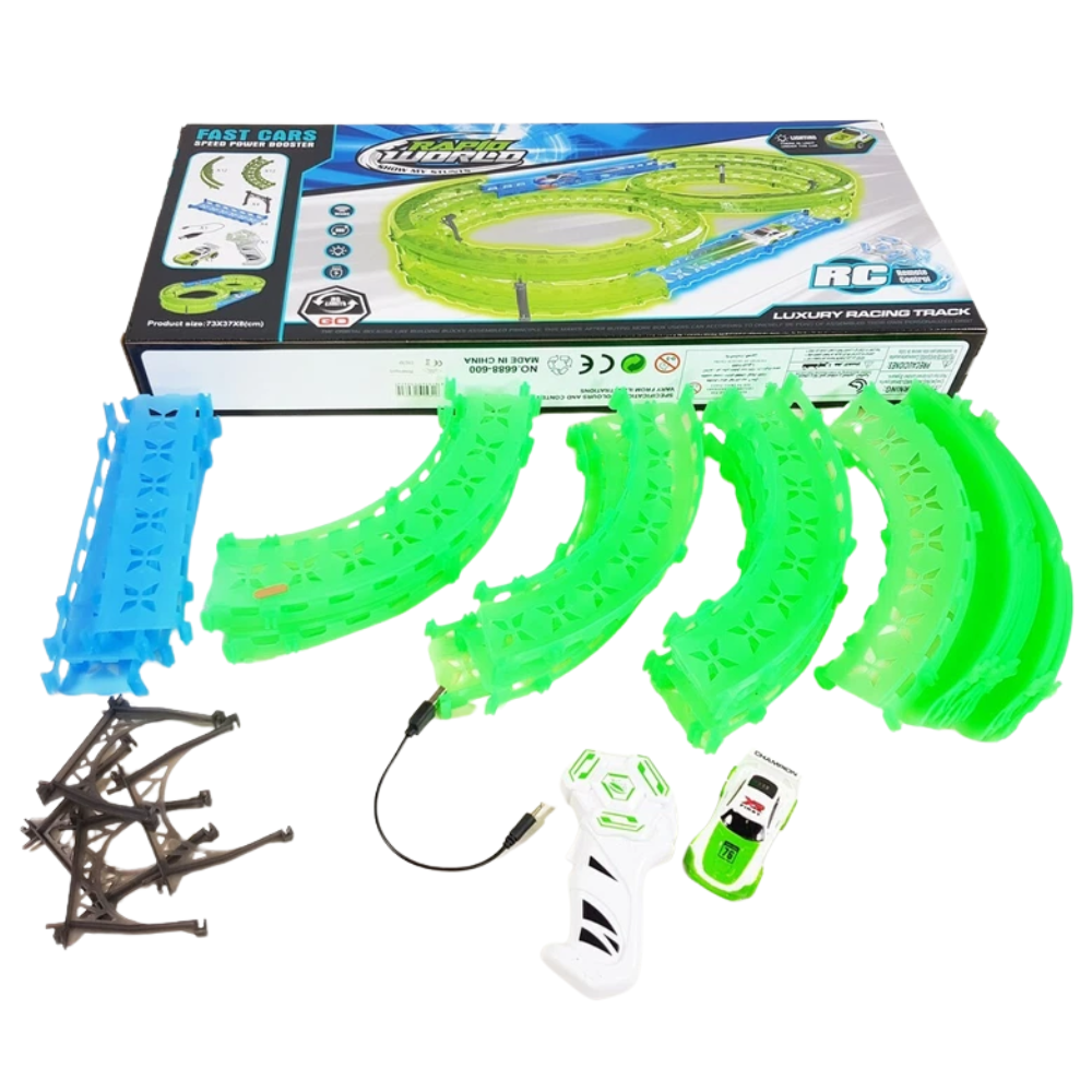 Glow in the Dark Multi-Level Race Track Set 35 Pcs Rc Remote Control Car for Kids Toy Game