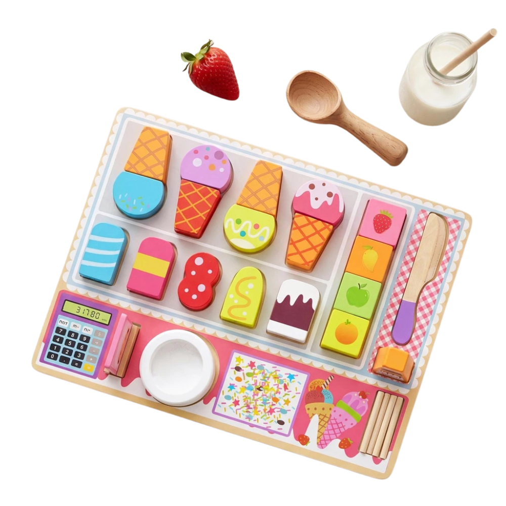 Kids Wooden Ice Cream Shop Set Toy Pretend Play Cafe Kitchen Set Cones Popsicles Fruits