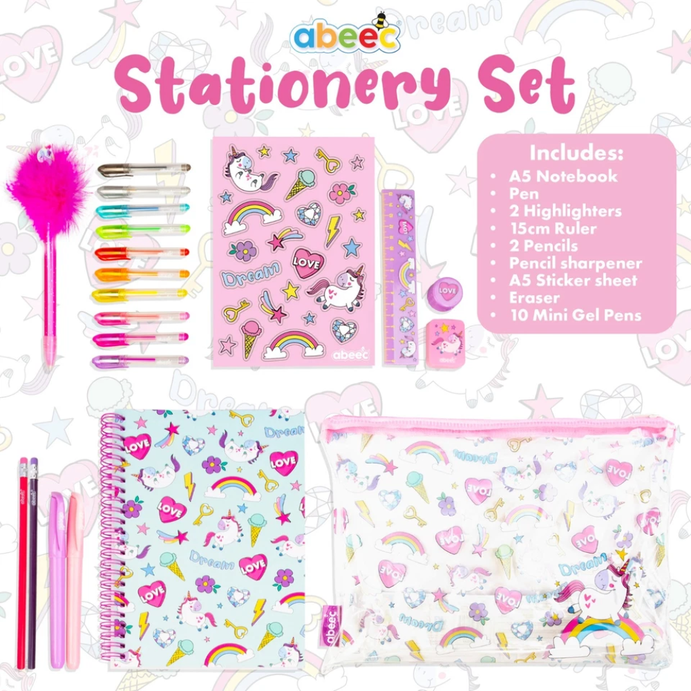 Unicorn Stationery Set for Girls A5 Notebook Pencil Case Gel Pens & Fluffy Pen Gift Set