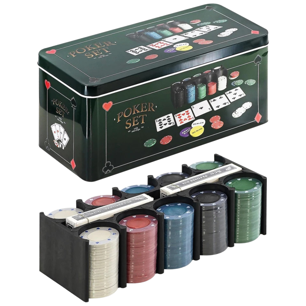 Poker Set 200 Pcs Casino Game in Tin Box with Playing Mat 2 Card Decks Chips Buttons