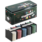 Poker Set 200 Pcs Casino Game in Tin Box with Playing Mat 2 Card Decks Chips Buttons