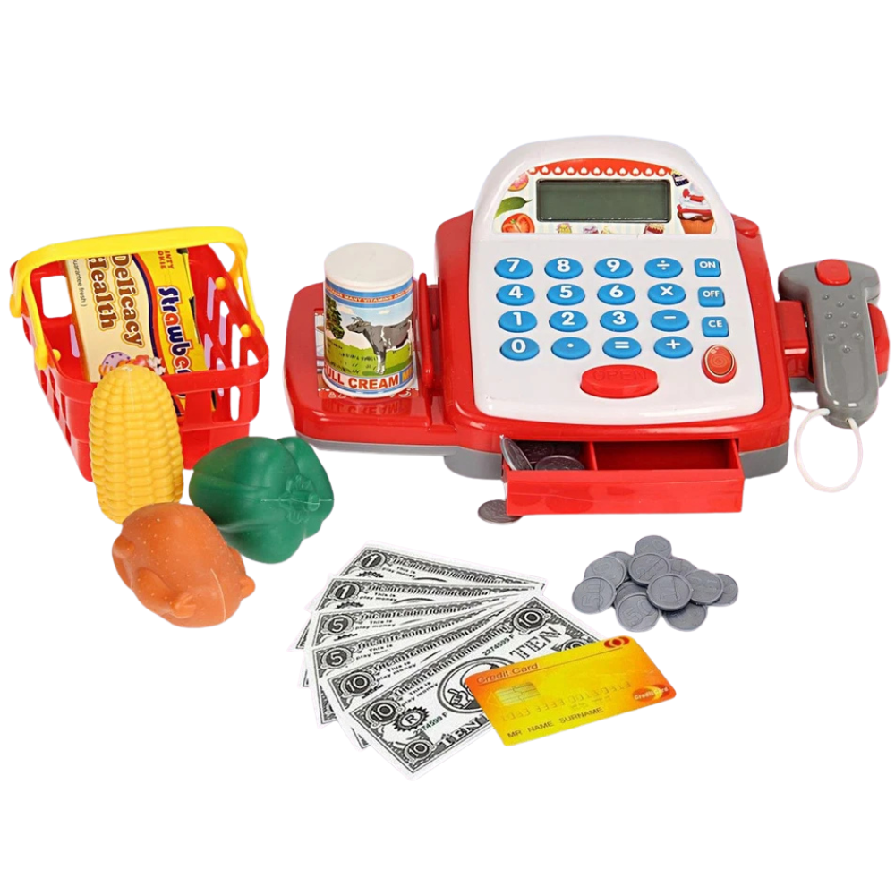 Kids Electronic Cash Register Toy Working Scanner Till Play Food Shopping Basket Lights Sounds