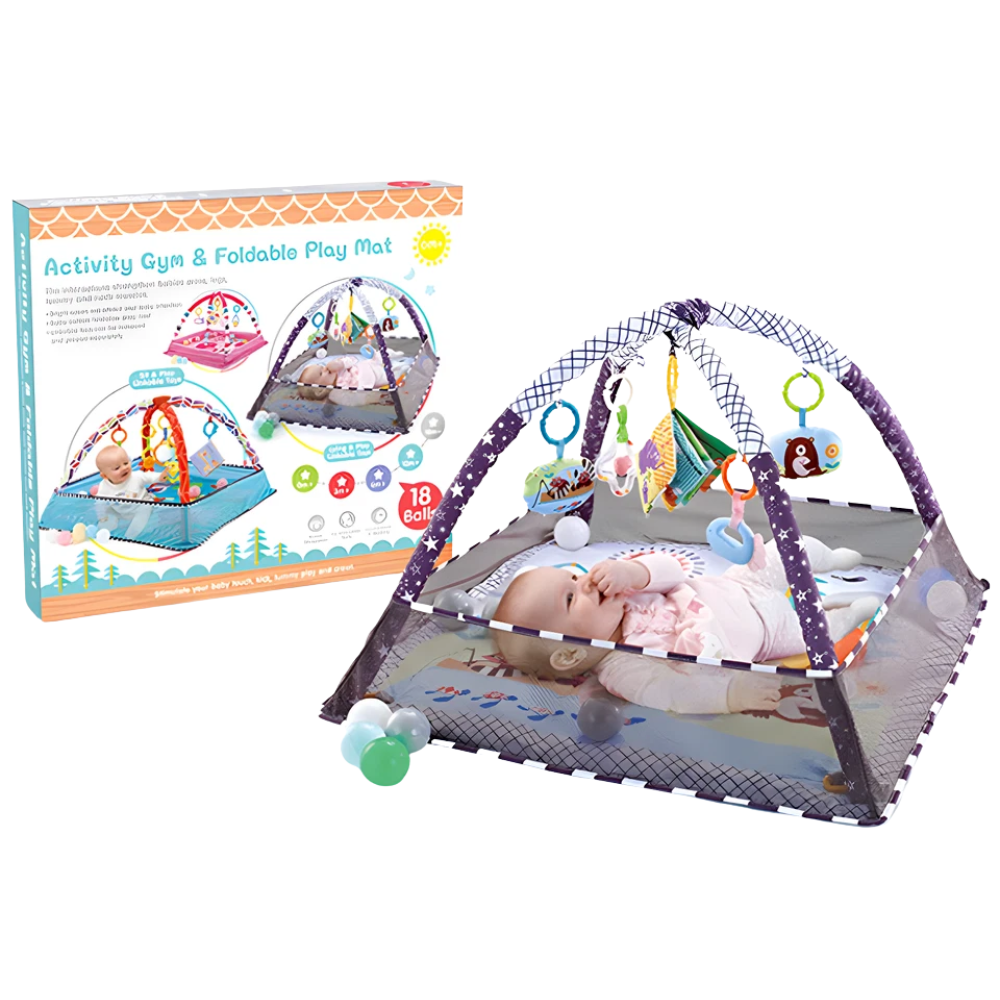 RLS Grey Baby Activity Gym Play Mat with Safety Net 5 Hanging Toys