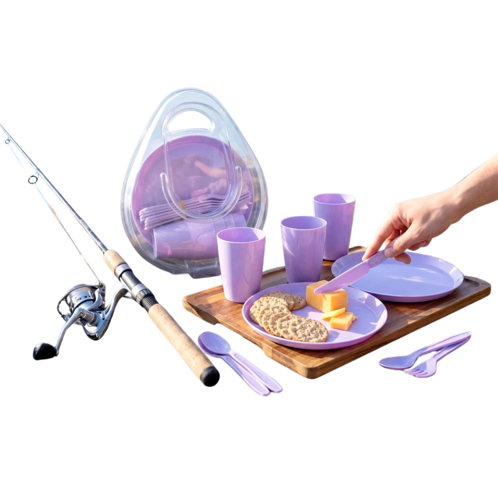 21 Pcs Picnic Cutlery Set for 4 Reusable Camping Plates Cups & Storage Box Purple