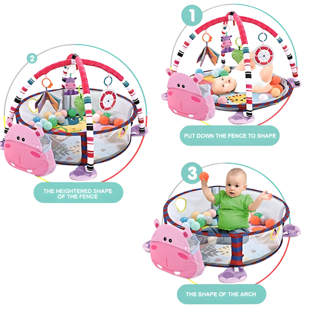 3-In-1 Foldable Hippo Baby Play Mat Gym with Storage, Hanging Toys and Colourful Balls