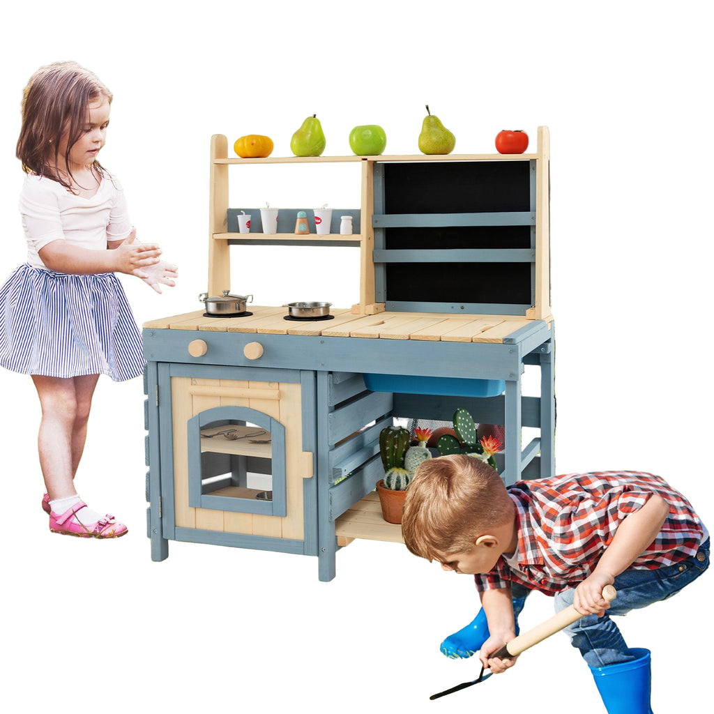 Outdoor 2-in-1 Mud Kitchen Toy with Metal Baskets and Storage Bag for Kids