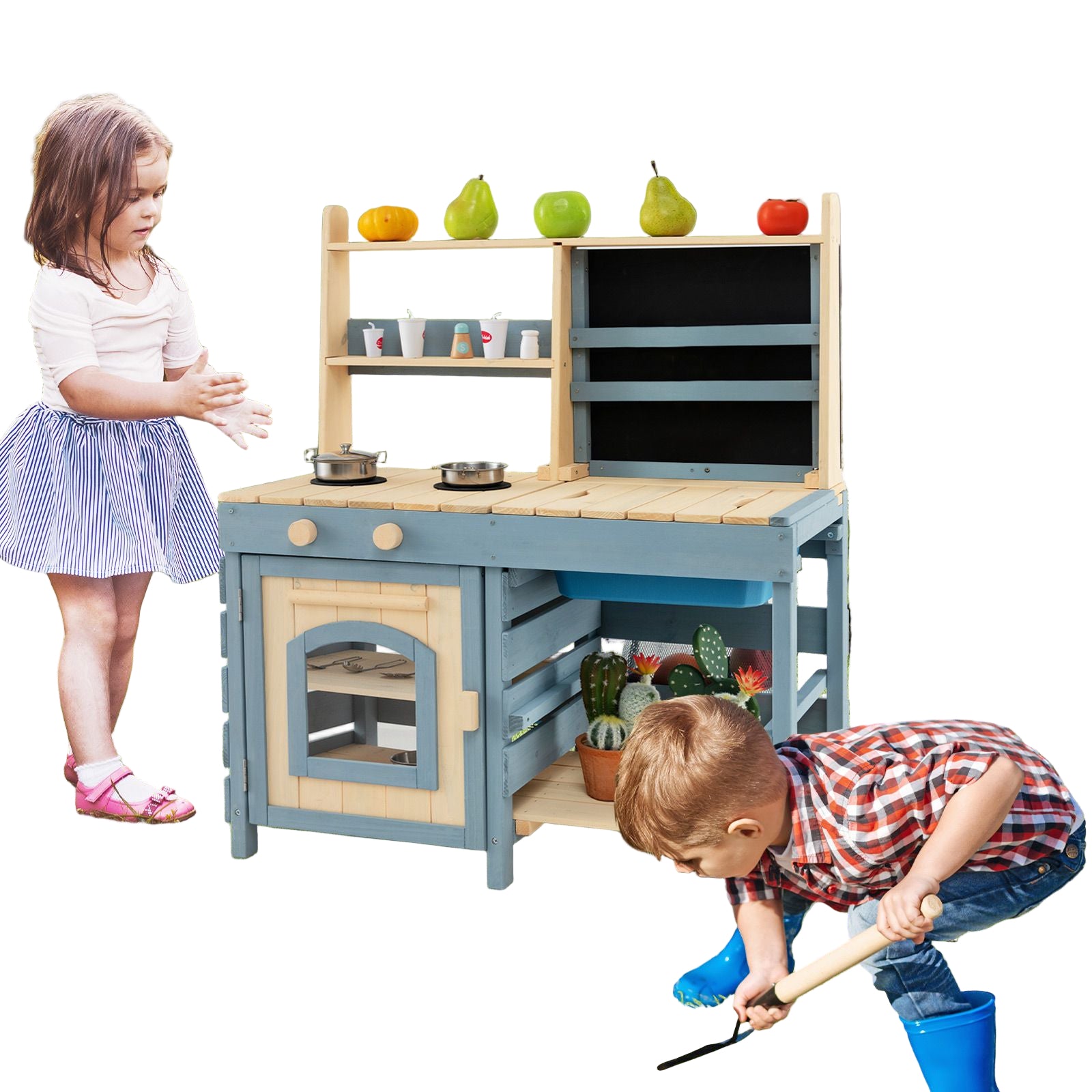 Outdoor 2-in-1 Mud Kitchen Toy with Metal Baskets and Storage Bag for Kids