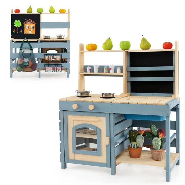 Outdoor 2-in-1 Mud Kitchen Toy with Metal Baskets and Storage Bag for Kids