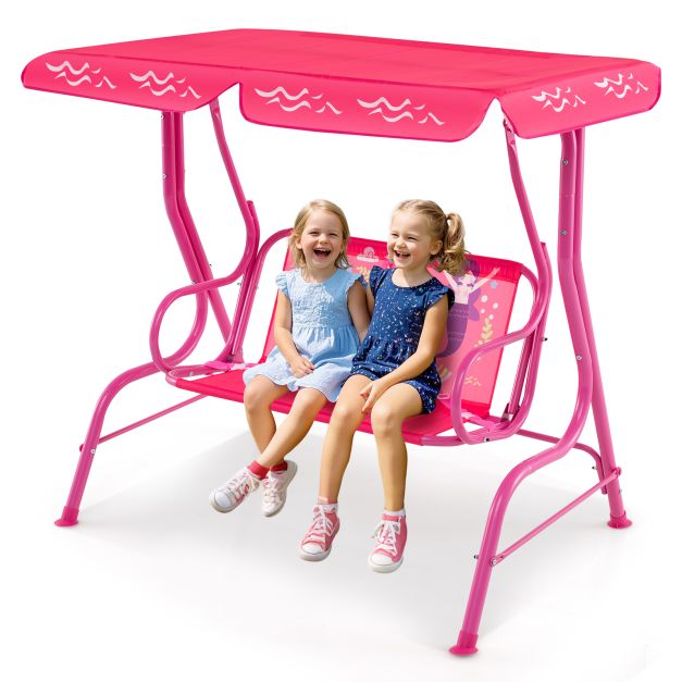 Kids Patio Swing Chair for 2 with Adjustable Canopy and Safety Strap