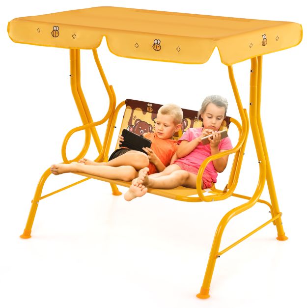 Kids Patio Swing Chair for 2 with Adjustable Canopy and Safety Strap