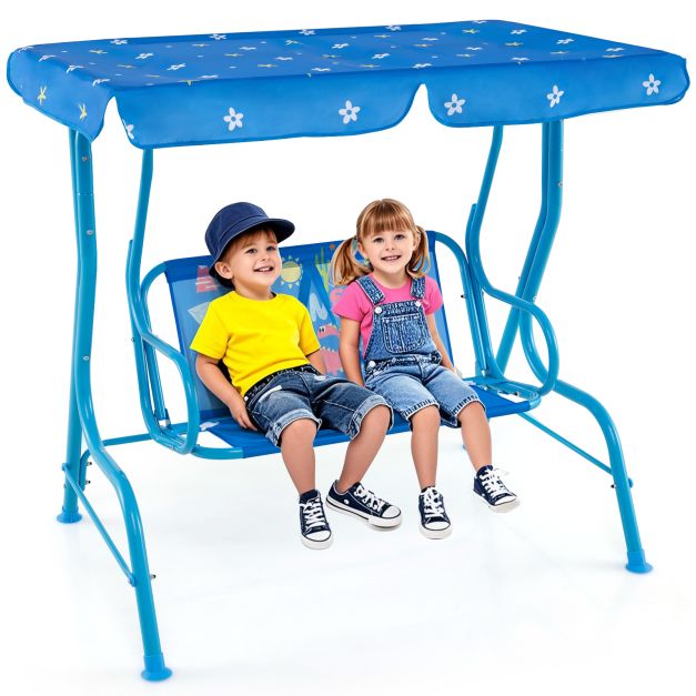 Kids Patio Swing Chair for 2 with Adjustable Canopy and Safety Strap