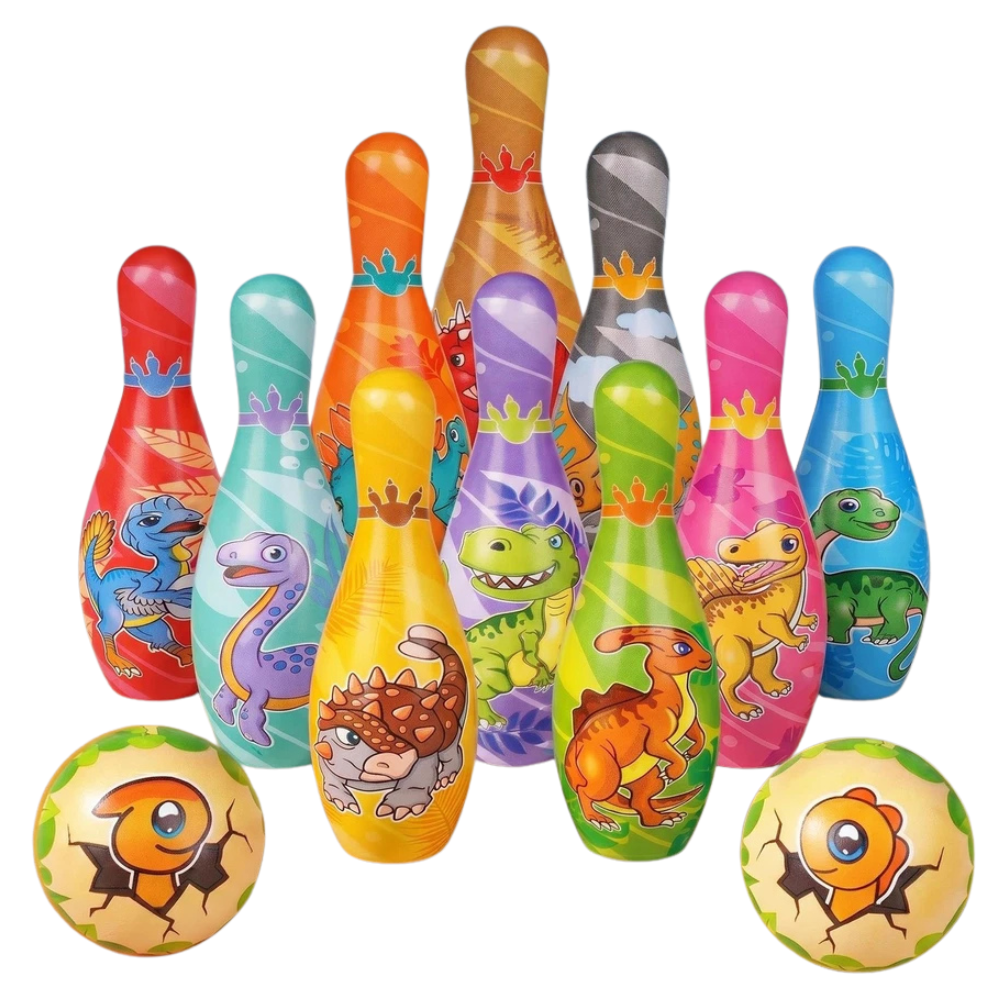 Kids Dinosaur Bowling Set 10 Pins & 2 Balls Soft Foam Skittles Game