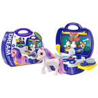 Kids Pony Grooming Play Set 16PCS Pet Salon Toy with Portable Suitcase for Children