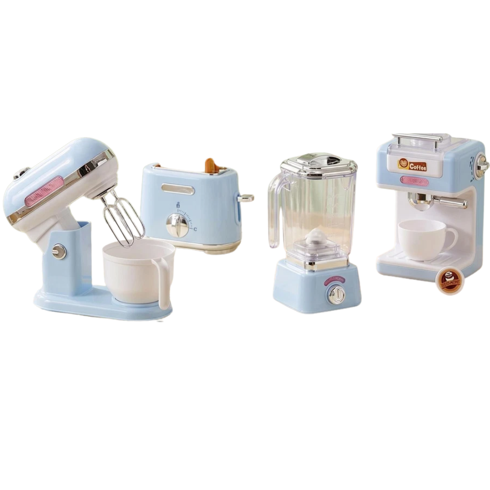 Kids Kitchen Appliances Toy Set Coffee Toaster Mixer Blender Pretend Play Food Blue Bundle