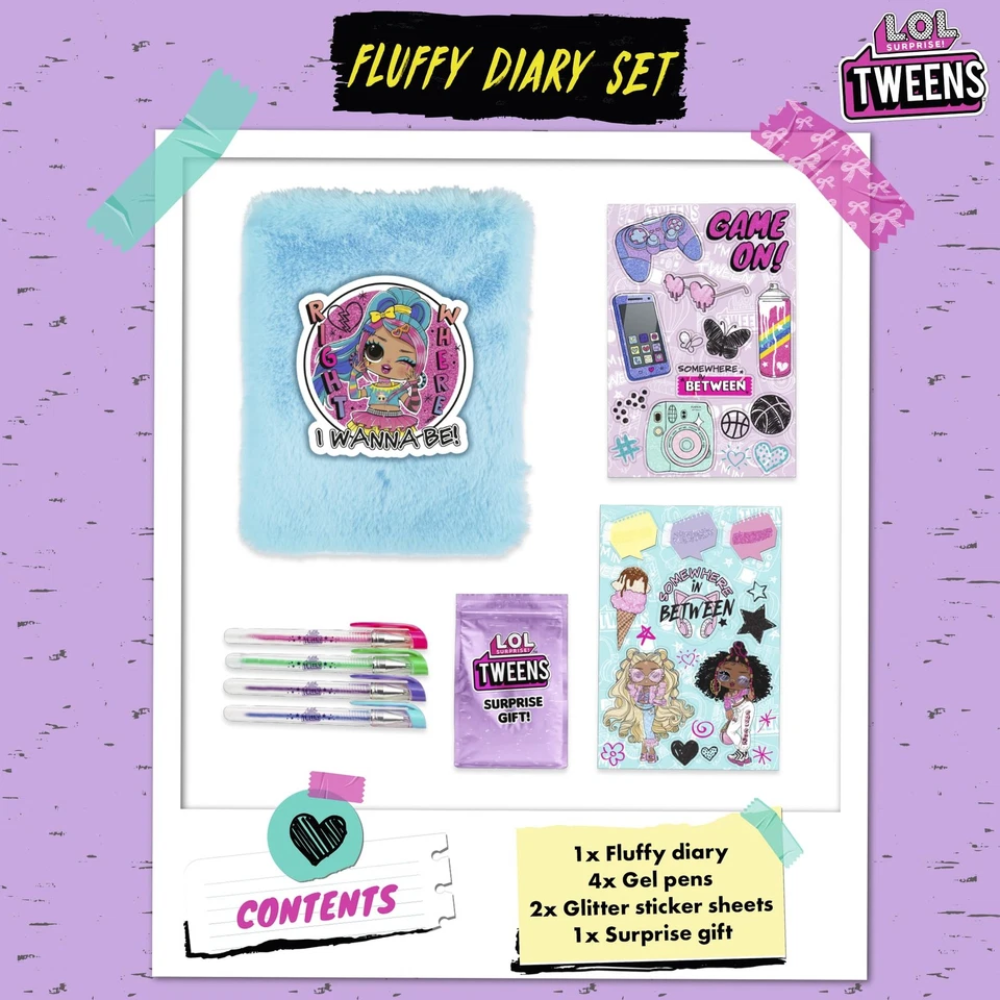 LOL Surprise Tweens Fluffy Diary Journal Set A6 With 4 Gel Pens Glitter Stickers Kids Creativity Gift 5+