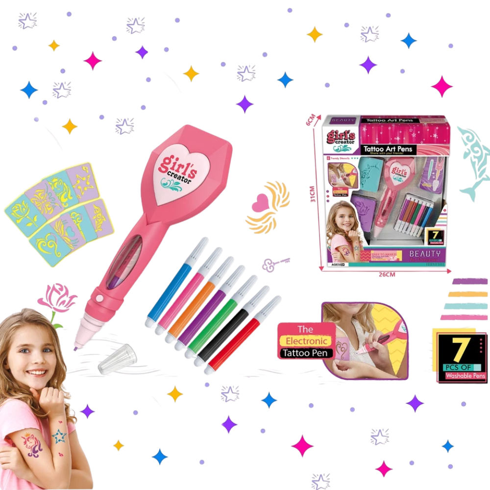 Kids Temporary Tattoo Stickers & Glitter Pens Art and Craft Fun Set