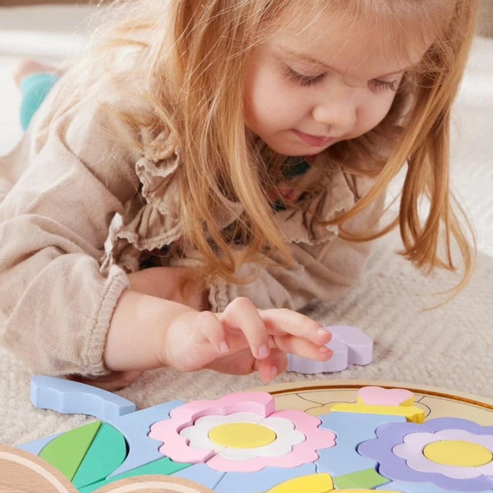 Fisher-Price Wooden Flower Puzzle Blocks Toy 37-Piece Educational Kids Shape Learning Game