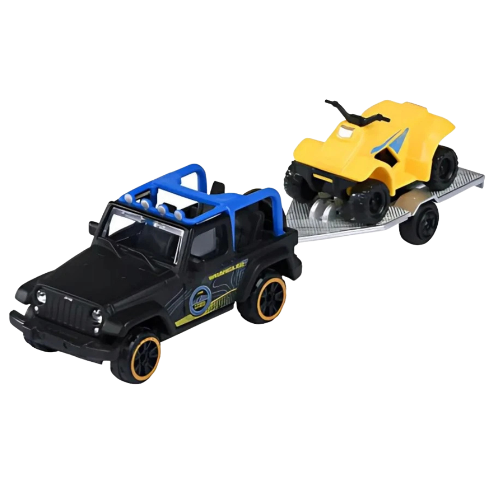 Majorette Jeep Wrangler with Quad Trailer Diecast Model Toy 1:64 Scale Off-Road Vehicle
