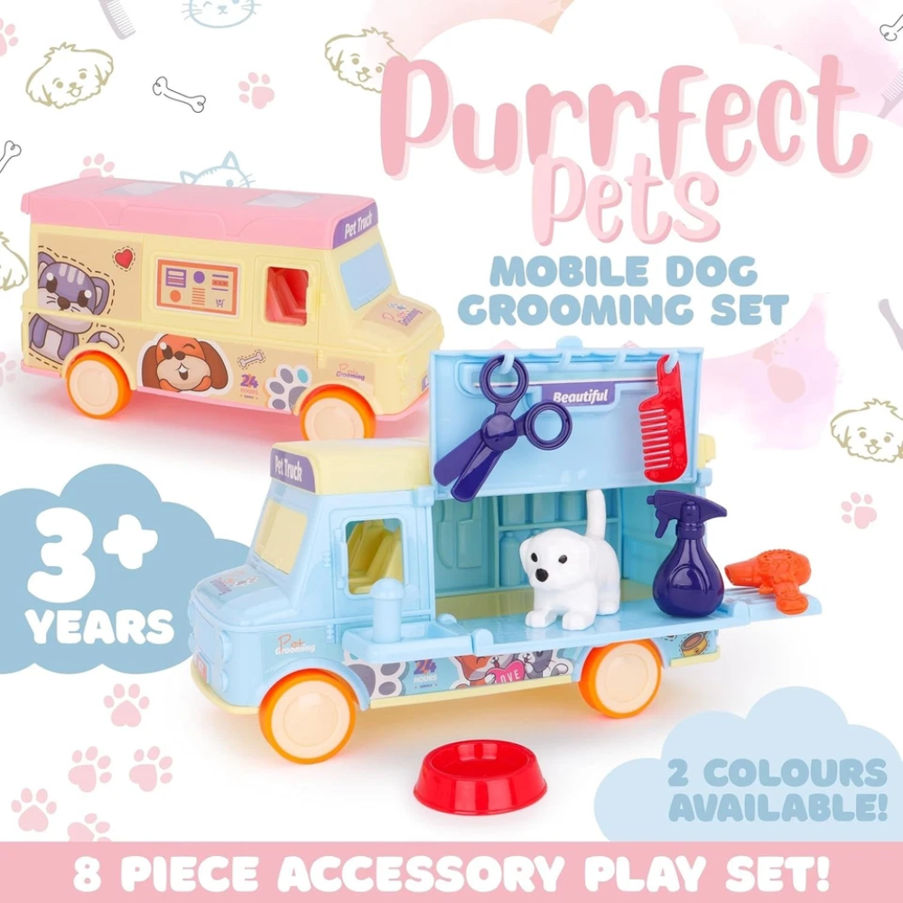 Toyland Purrfect Pets 8-Piece Mobile Dog Grooming Truck Playset Pretend Pet Care Toy Kids 3+