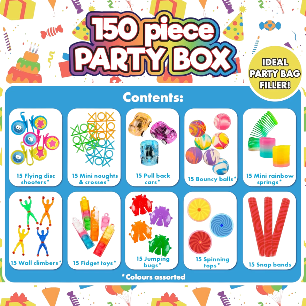 150 Piece Party Bag Filler Box Kids Birthday Party Favour Set Toys & Fun Gift Collection