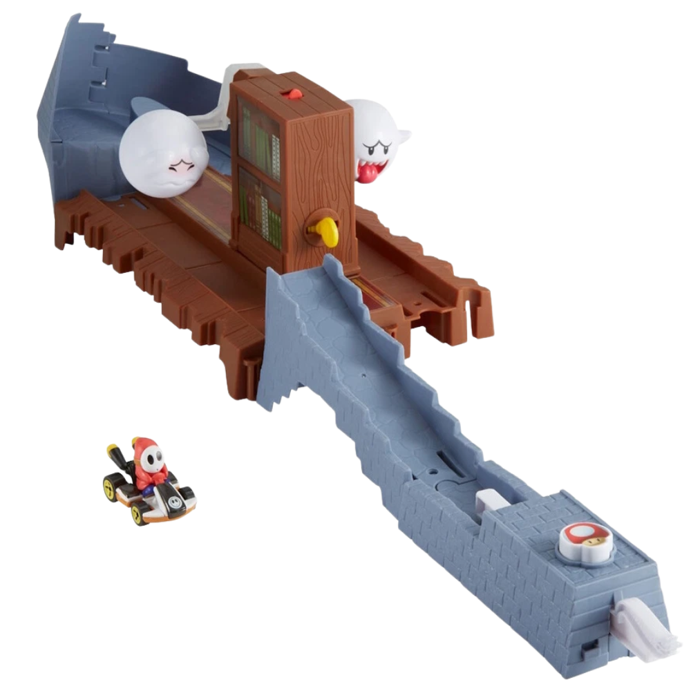 Hot Wheels Mario Kart Boo's Spooky Sprint Race Track Playset with Shy Guy Toy Set