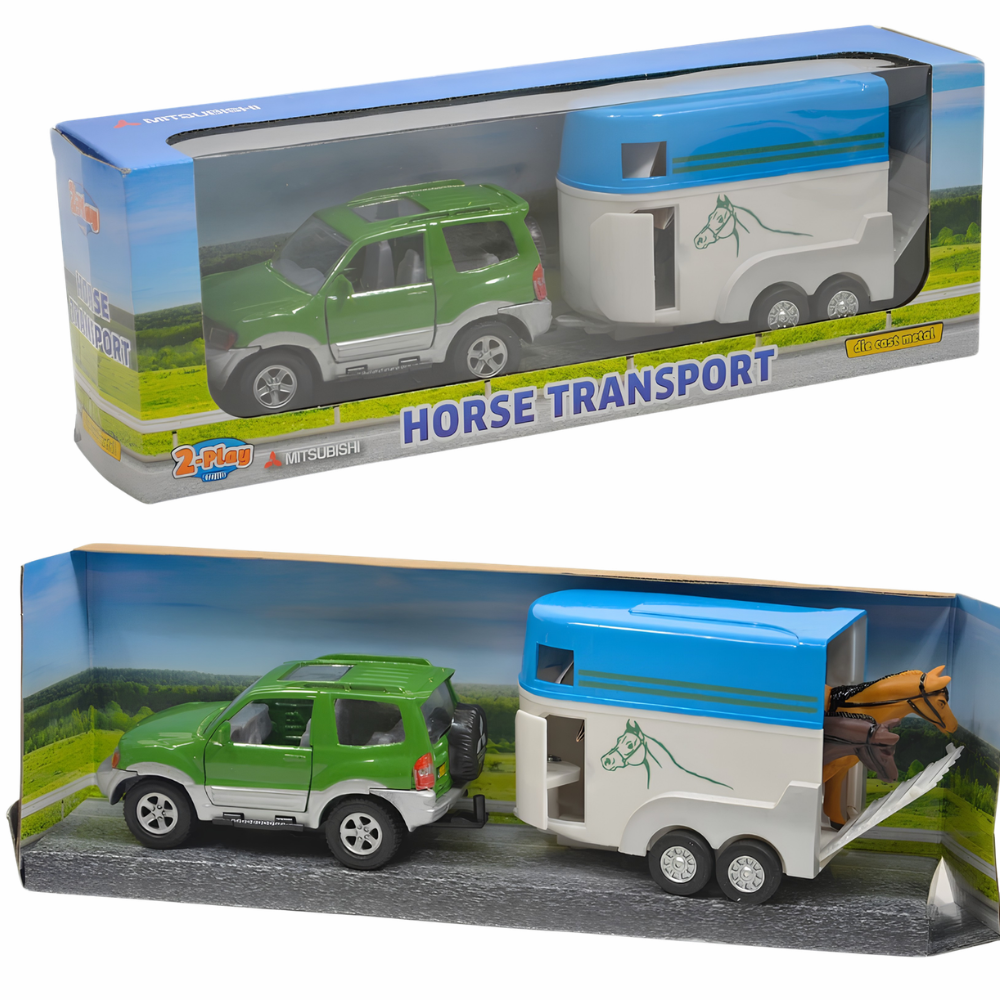 Mitsubishi Pajero Diecast Car Toy with Horse Trailer and 2 Horses Pull Back 1:32