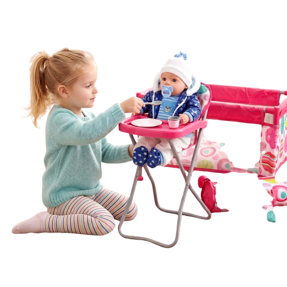 BiBi Doll Travel High Chair & Cot Set Carry Bag Bedding & Feeding Tray for Dolls