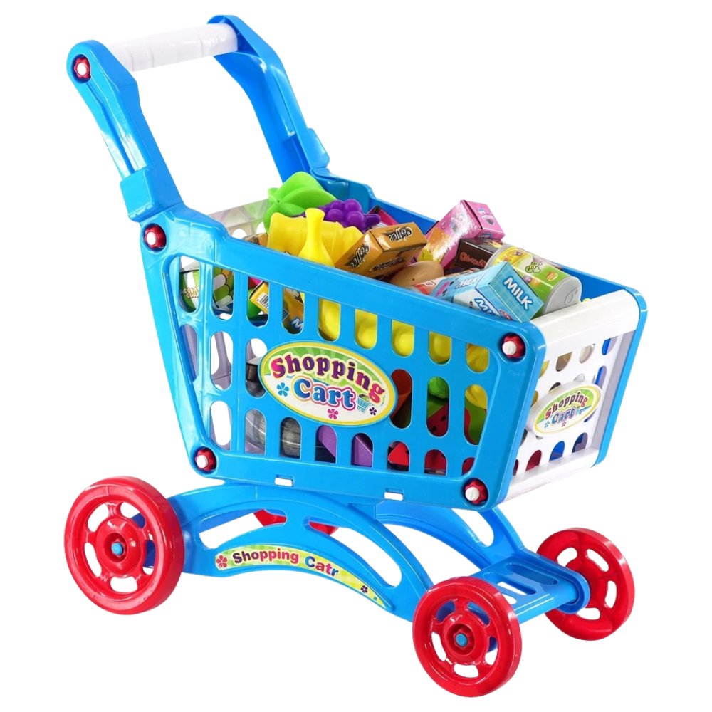 Kids Shopping Trolley Toy Cart with Pretend Food Set Push Along Shop Roleplay Game