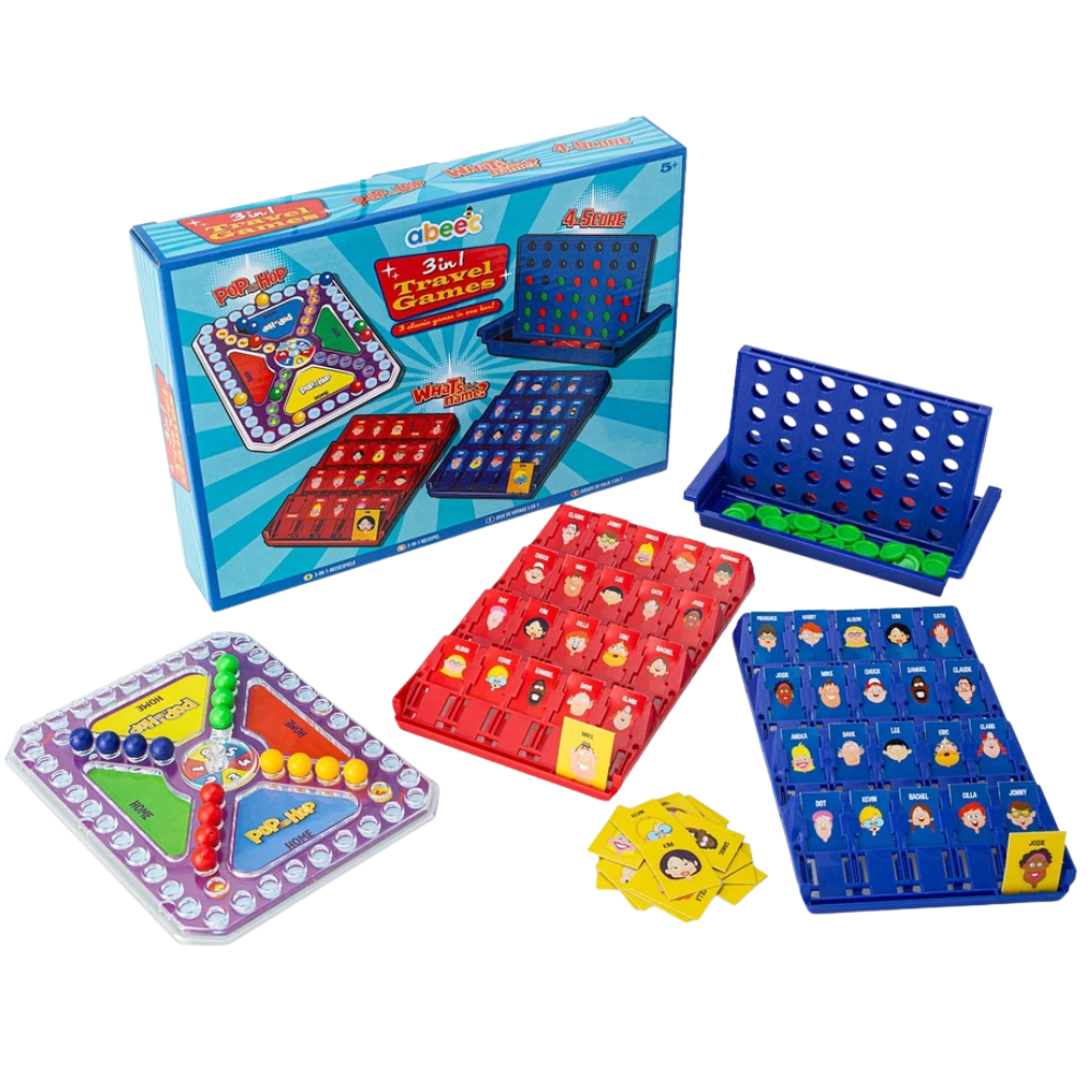 3-In-1 Travel Games Set for Kids Pop & Hop Four in a Row Noughts & Crosses Holiday Fun