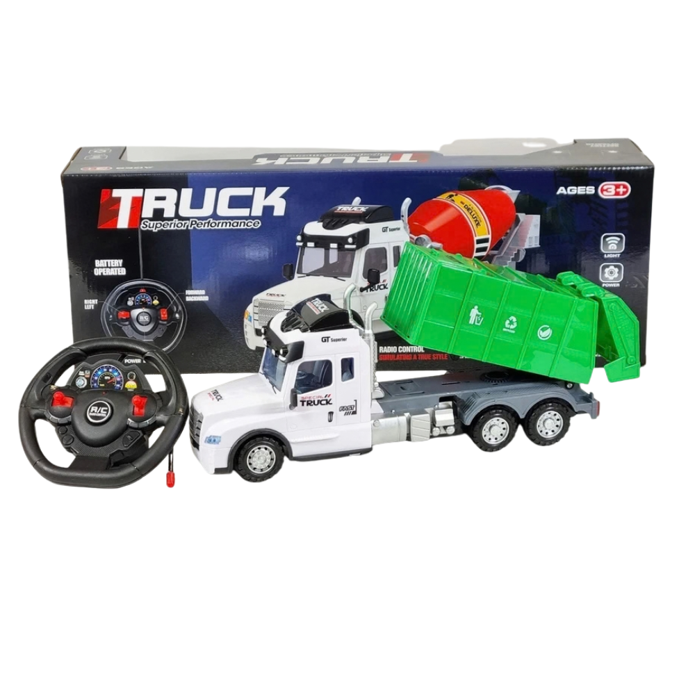 Rc Garbage Truck Toy with Lights Sounds Tipper Bin Steering Wheel Remote Control 3+