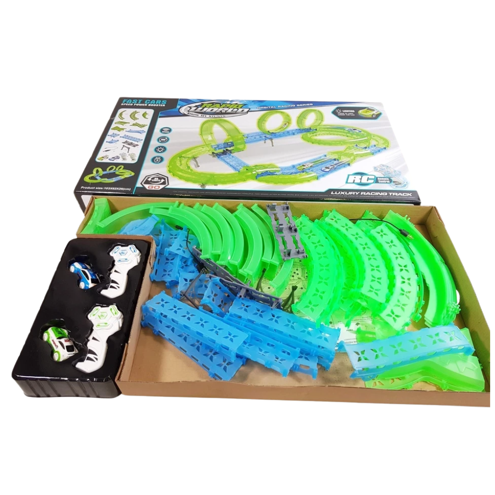 Glow in the Dark Racing Track Set 71pc 2 Player RC Cars Loops Stunts Kids 6+