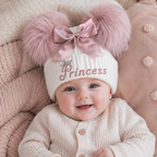 Spanish Style Princess Embroidered Baby Girls Hat, Giant Double Pom Poms, Ages 2–5 Years