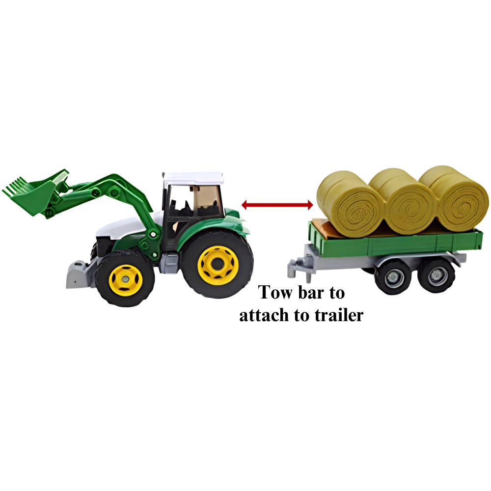 Toyland 1:32 Scale Green Tractor & Bale Trailer Diecast Farm Vehicle with Front Loader Hay Bale Toy
