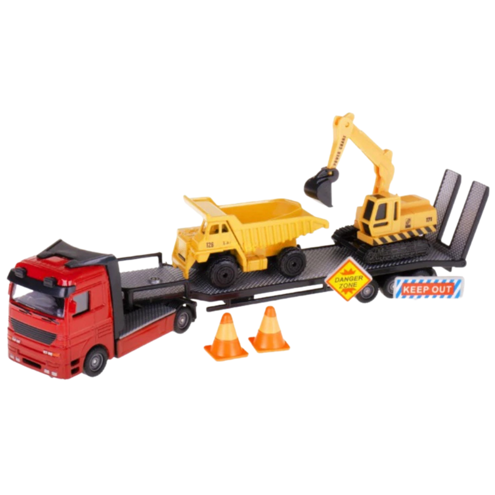 Hipo Diecast Transporter Truck with Excavator and Dump Truck Construction Toy Set 1:64 Scale